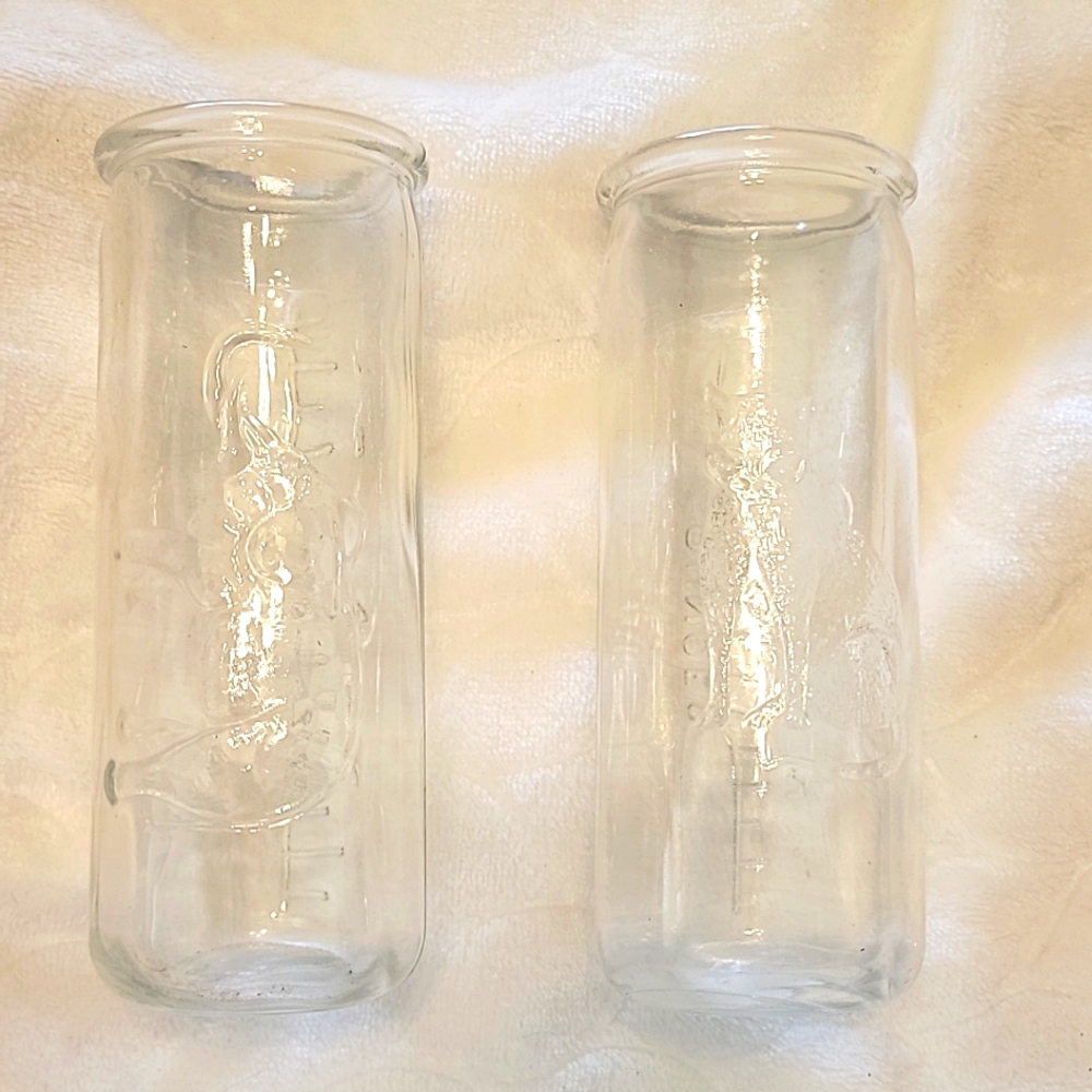Vintage Glass baby bottles (set of 2) embossed with cat & elephant
